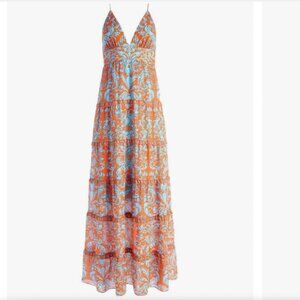 Alice + Olivia Forever Yours Sienna Karolina Tiered Maxi Blue Orange Size 8